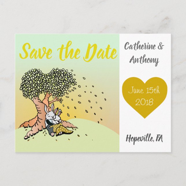 Colorful Rustic Illustrated Bunny Rabbit Wedding Announcement Postcard (Front)