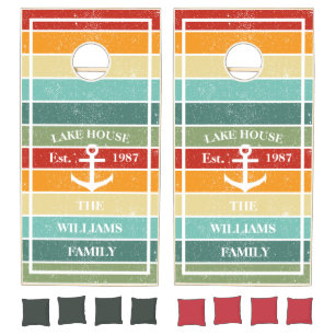 Colorful Rustic Lake House Est Year Family Name Cornhole Set