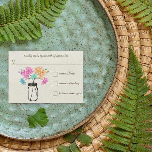 Colorful Rustic Mason Jar Wildflower Wedding RSVP Card