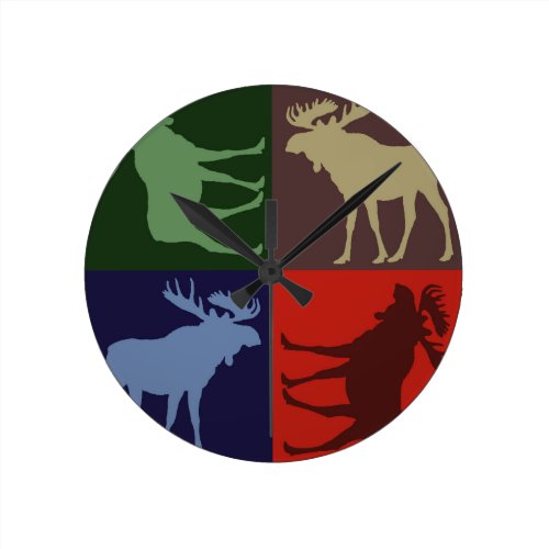 Colorful rustic moose four square design round wall clocks