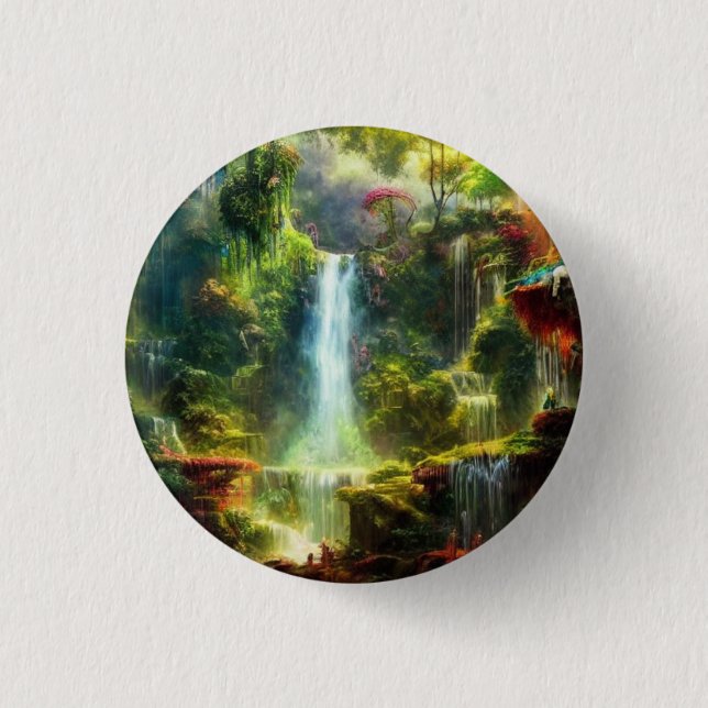 Colorful Rustic Nature Waterfalls Button (Front)