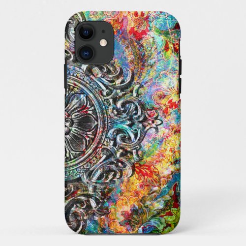 Colorful Rustic Vintage Floral Collage iPhone 11 Case