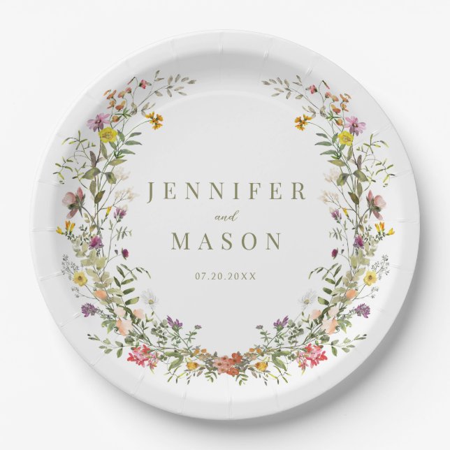 Colorful rustic wildflower wedding paper plates (Front)