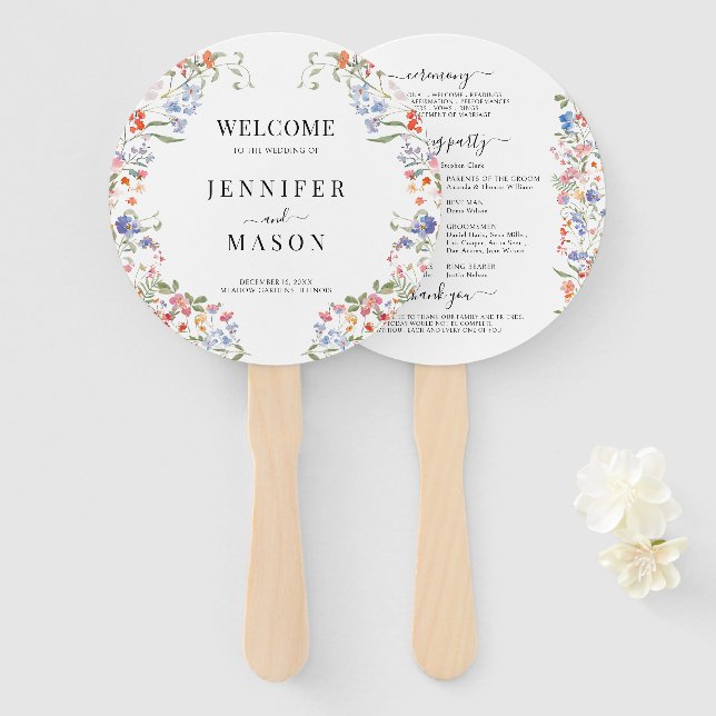 Colorful Rustic Wildflower Wreath Wedding Program Hand Fan (Front and Back)