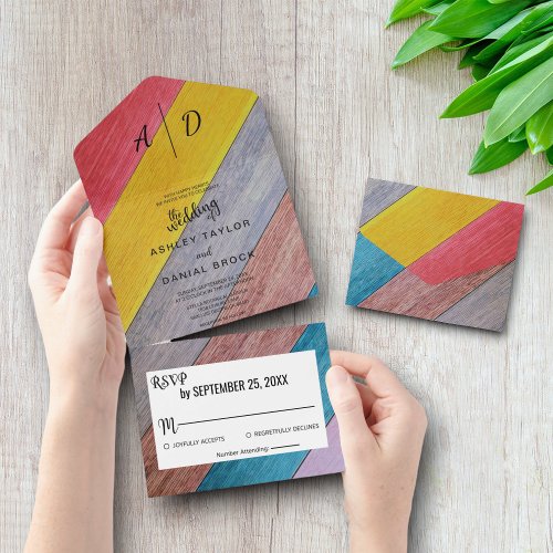 Colorful rustic wood All in One Wedding Invite