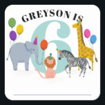 Colorful Safari Animals Birthday Kid Name Tag<br><div class="desc">Use this colorful and bright birthday sticker as a name tag for the guests of at your kid's birthday party. Personalize it with the name text announcing who's having a birthday and a large blue number tells the kid's new age. Party ready African animals, an elephant, giraffe, zebra and lion...</div>