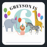Colorful Safari Animals Birthday Kid Name Tag<br><div class="desc">Use this colorful and bright birthday sticker as a name tag for the guests of at your kid's birthday party. Personalize it with the name text announcing who's having a birthday and a large blue number tells the kid's new age. Party ready African animals, an elephant, giraffe, zebra and lion...</div>
