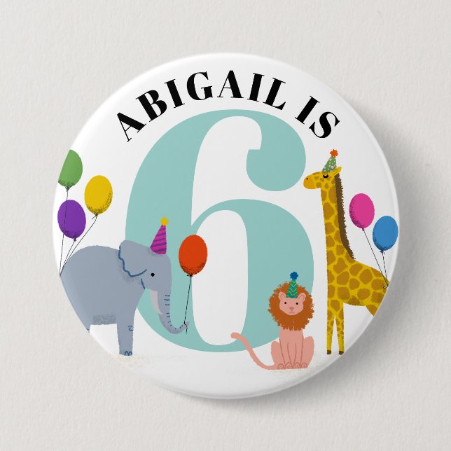 Colorful Safari Animals Birthday Name and Age Button (Front)