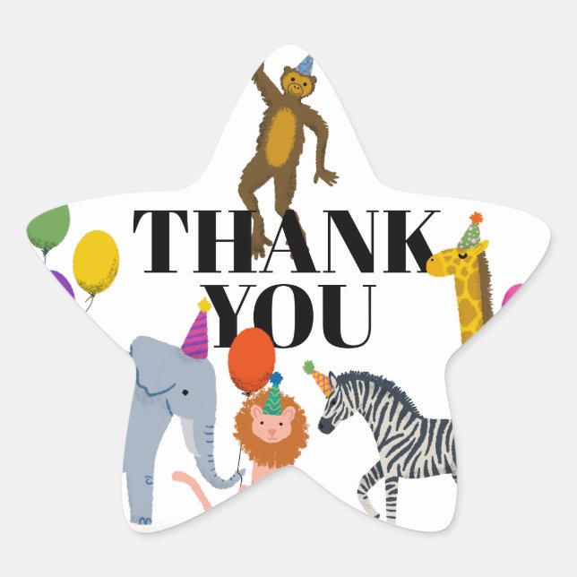 Colorful Safari Party Animals Birthday Thank You Star Sticker (Front)
