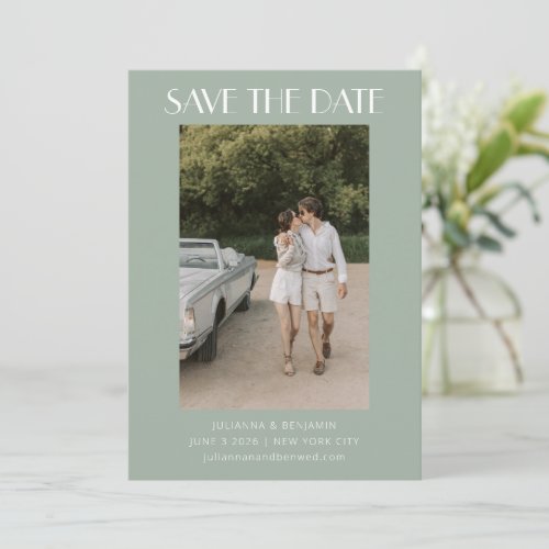 Colorful Sage Green Art Deco Photo Wedding Save The Date