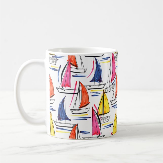 Colorful Sailboat Sailing Summer Nautical Pattern Coffee Mug (Left)