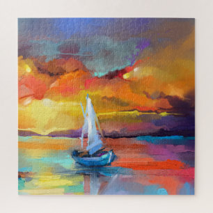 Colorful Sailboat Sunset Abstract Art Jigsaw Puzzle