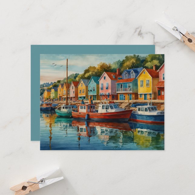 Colorful Sailboats at Marina Greeting Card (Front/Back In Situ)