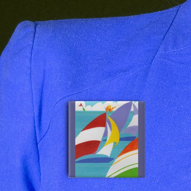 Colorful Sailboats Button (Abstract sailboats bright colours blue lake clouds on square pin back button.)