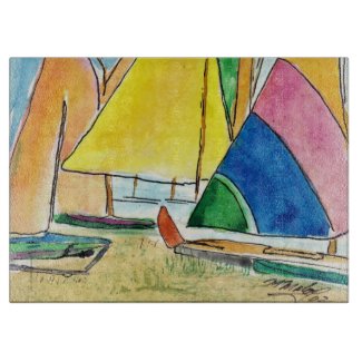 Colorful Sailboats On Beach Cutting Board