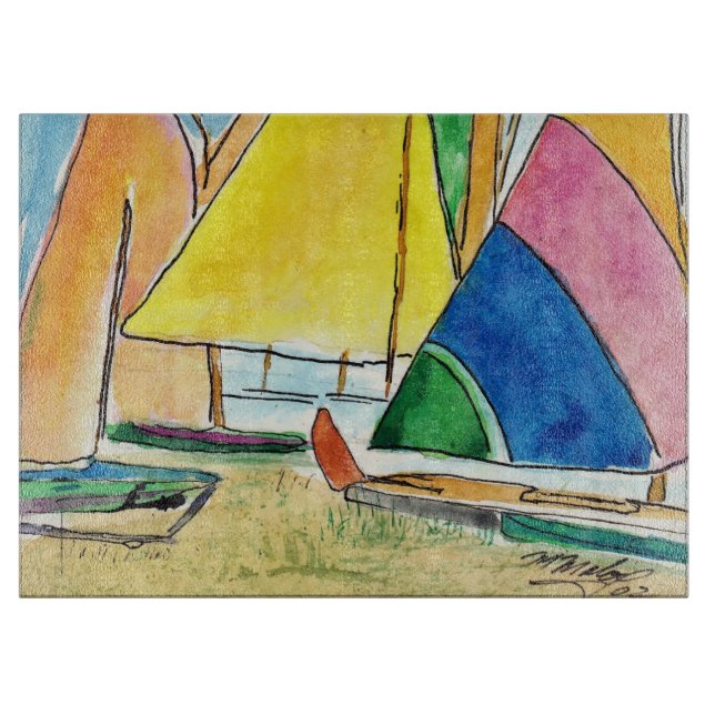 Colorful Sailboats On Beach Cutting Board (Front)