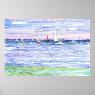 Colorful Sailboats on Blue Sea Watercolor Poster