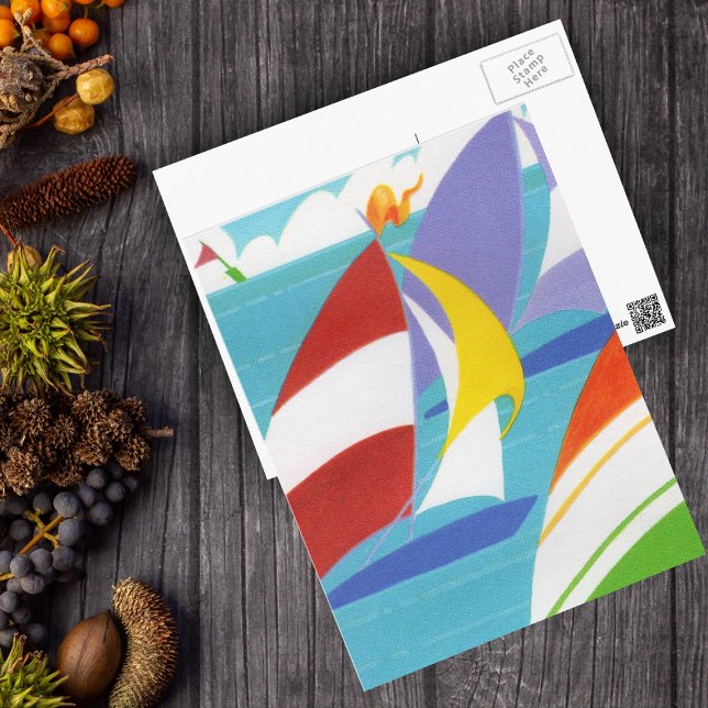 Colorful Sailboats Postcard (Abstract colourful sailboats in blue lake sky clouds on postcard.)