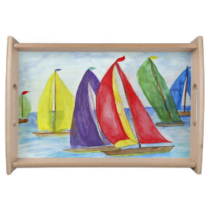 Colorful sails nautical wood serving tray