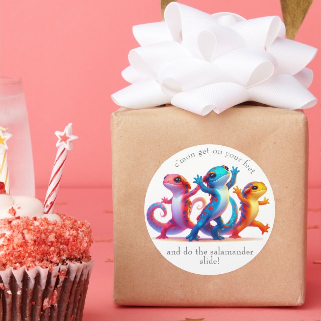 Colorful Salamanders do the Salamander Slide Classic Round Sticker (Party)