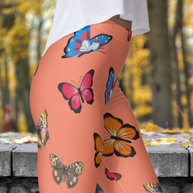 Colorful Salmon Pink Butterflies Pattern Leggings (Colorful Butterflies on Salmon)
