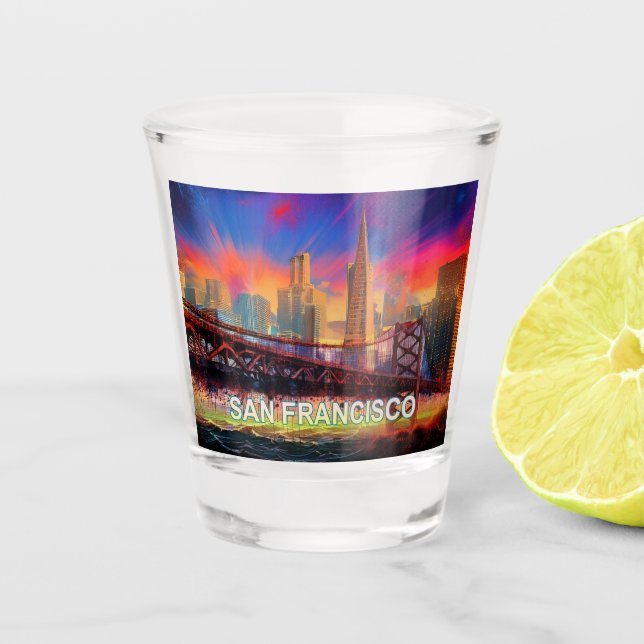 Colorful San Francisco Skyline Abstract Art Shot Glass (Front)