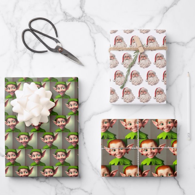Colorful Santa and Elves Wrapping Paper Sheets (Front)
