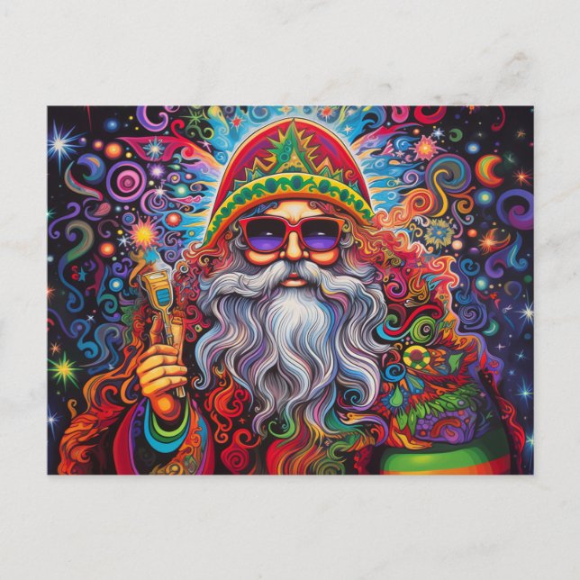 Colorful Santa Claus Hippy Art  Postcard (Front)