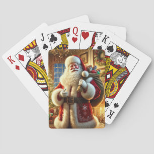Colorful Santa Claus Resting Before Continuing on Poker Cards