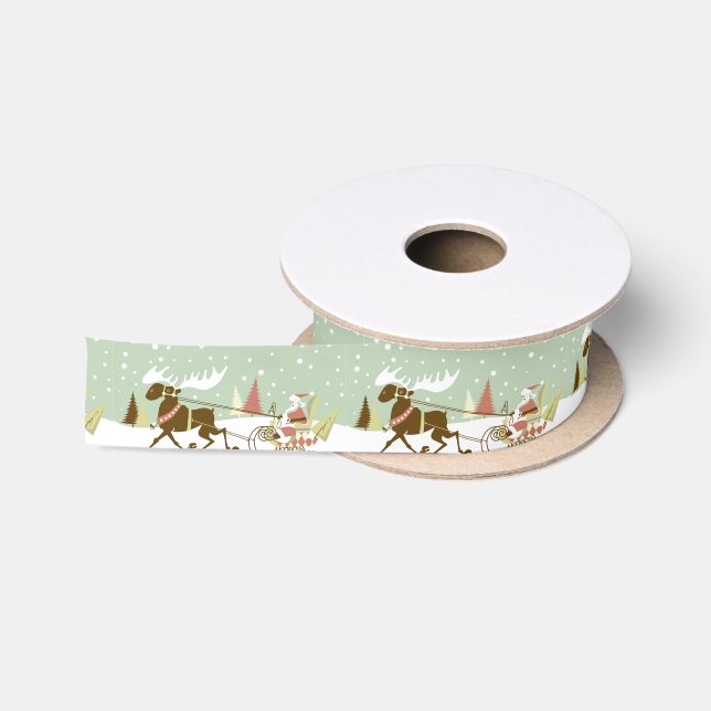 Colorful Santa & Reindeer christmas Illustration Satin Ribbon (Spool)