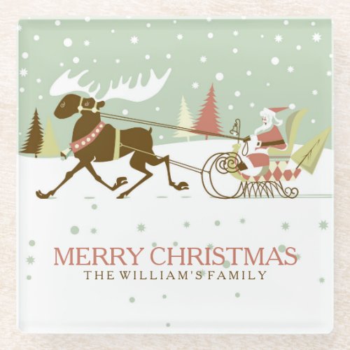 Colorful Santa  Reindeer Retro Christmas Glass Coaster