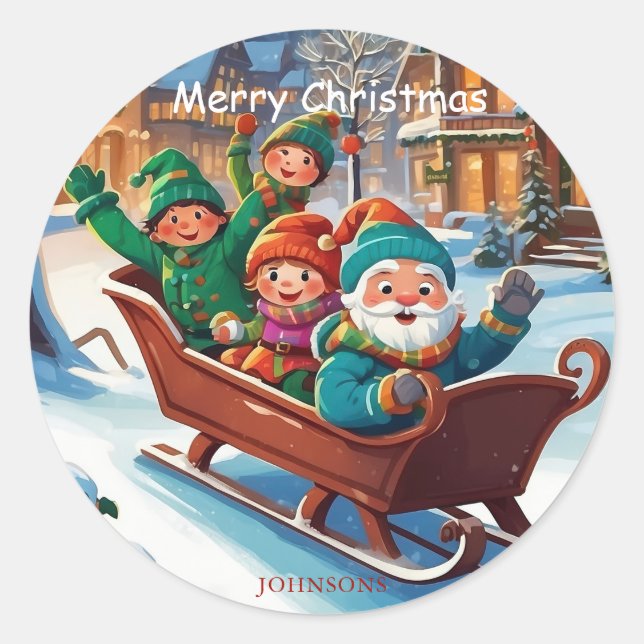 Colorful Santa’s Helpers Christmas Illustration  Classic Round Sticker (Front)