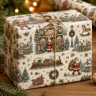 Colorful Santa Toy Shop Village Christmas Toile Wrapping Paper