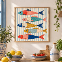Colorful Sardine Fish Art Coastal Kitchen Decor