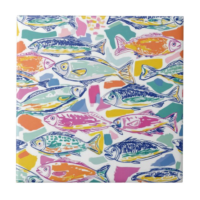 Colorful Sardines Seamless Pattern (2) Ceramic Tile (Front)