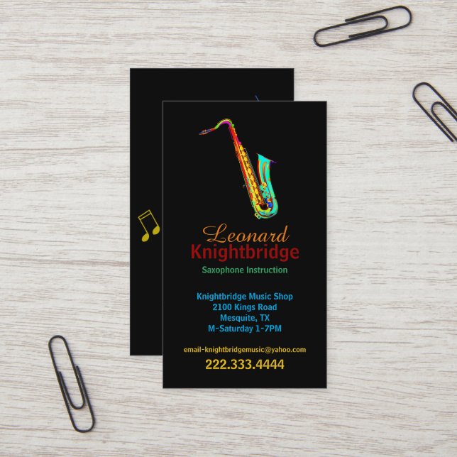 Colorful Saxophone Business Card (Front/Back In Situ)