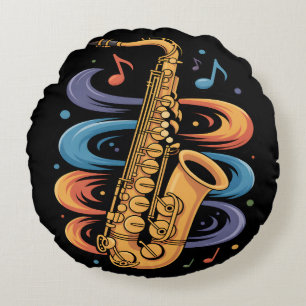 Colorful Saxophone Music Flow Jazz Instrument Round Pillow