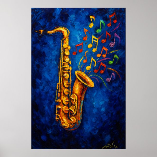 Colorful Saxophone Music Notes Poster (Front)