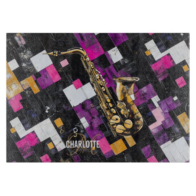 Colorful Saxophone pattern monogram name Cutting Board (Front)