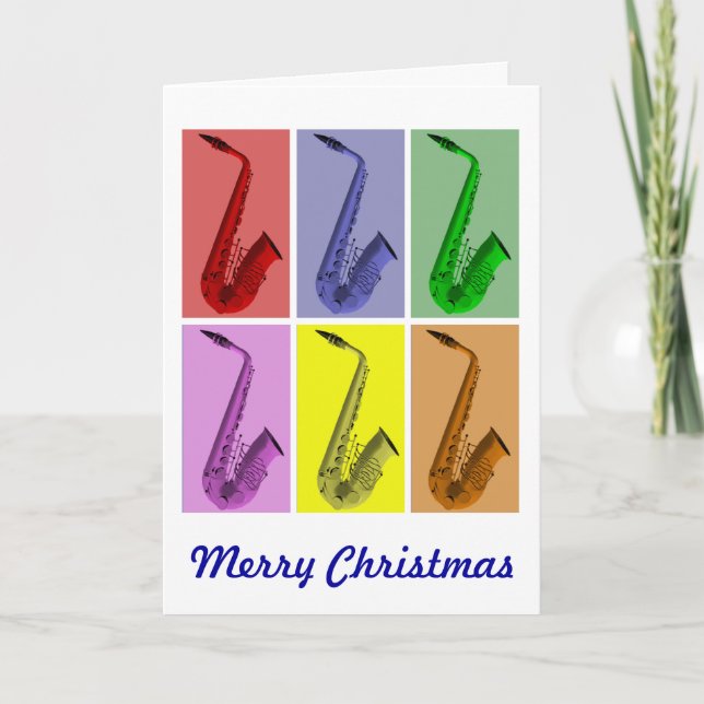 Colorful Saxophones  Merry Christmas Card (Front)