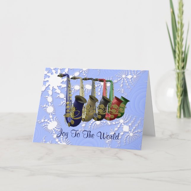 Colorful Saxophones Snow Flakes Design Holiday Card (Front)