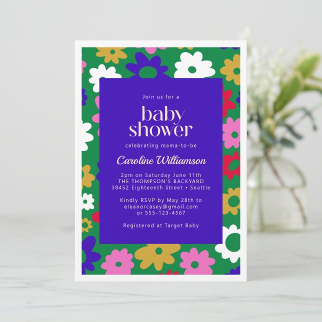 Colorful Scandinavian Flower Green Baby Shower Invitation (Standing Front)