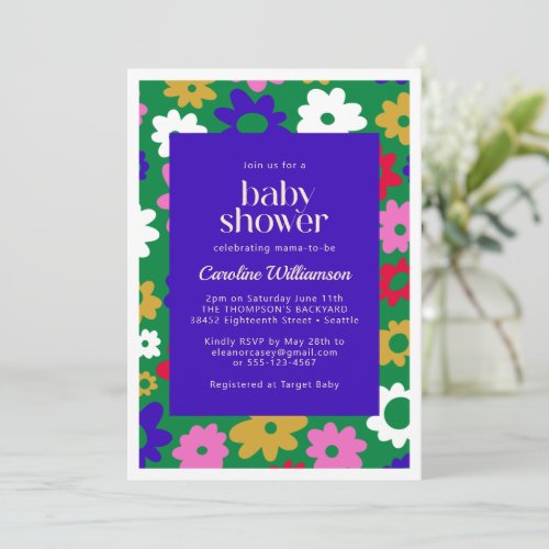 Colorful Scandinavian Flower Green Baby Shower Invitation