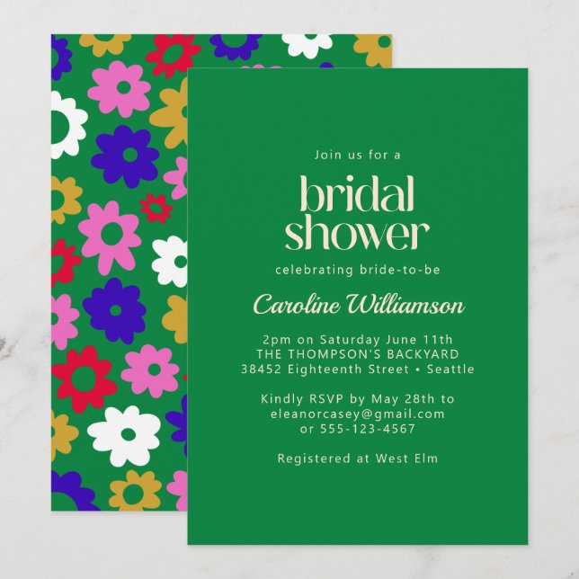 Colorful Scandinavian Flower Green Bridal Shower Invitation (Front/Back)