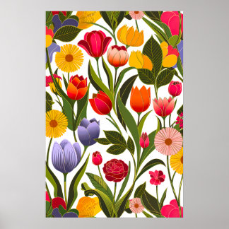 Colorful Scandinavian Flowers Leaves Floral Art Poster