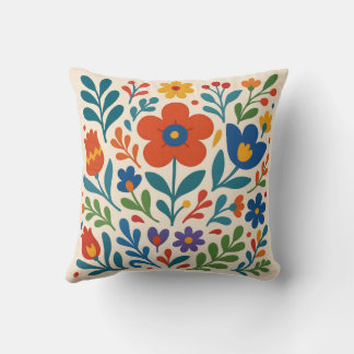 Colorful Scandinavian Folk Floral Art Throw Pillow