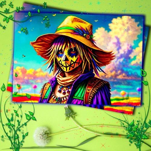 Colorful Scarecrow Rural Whimsical Wildflowers Postcard