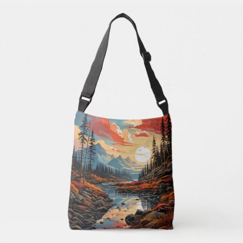 Colorful Scenic Autumn Landscape Illustration Crossbody Bag