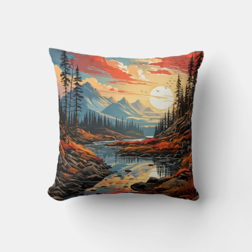 Colorful Scenic Autumn Landscape Illustration Throw Pillow