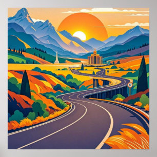 Colorful Scenic travel adventures on winding road Poster